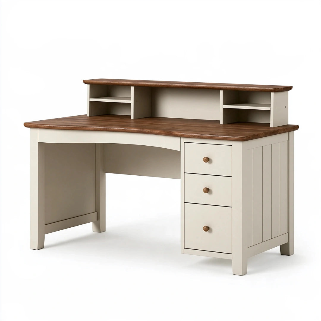 Schreibtisch 120 x 60 x 95 cm Holzwerkstoff Cremebraun mit Aufsatz und Schubladen im Landhausstil
