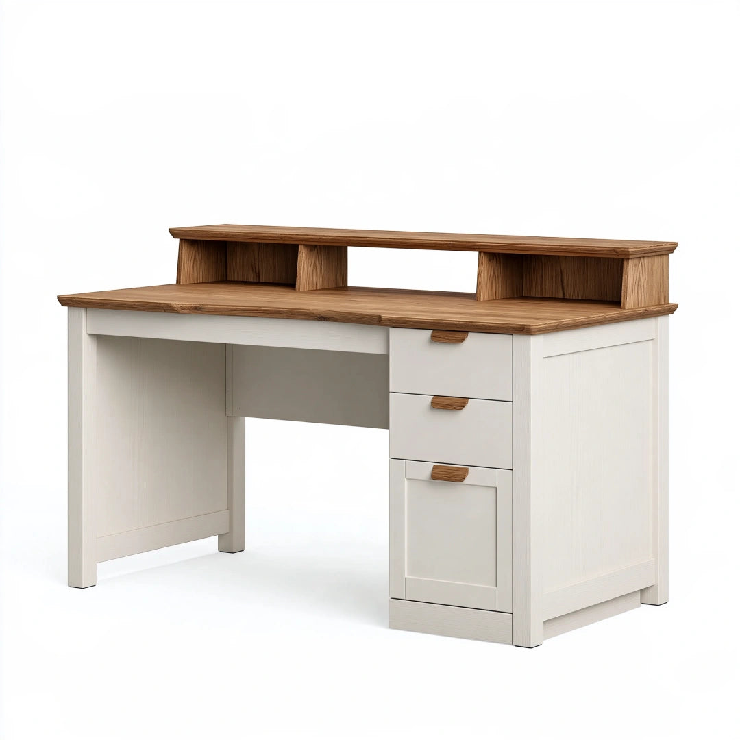 Schreibtisch 120 x 60 x 95 cm Holzwerkstoff Weiß Eicheoptik mit Aufsatz und Stauraum
