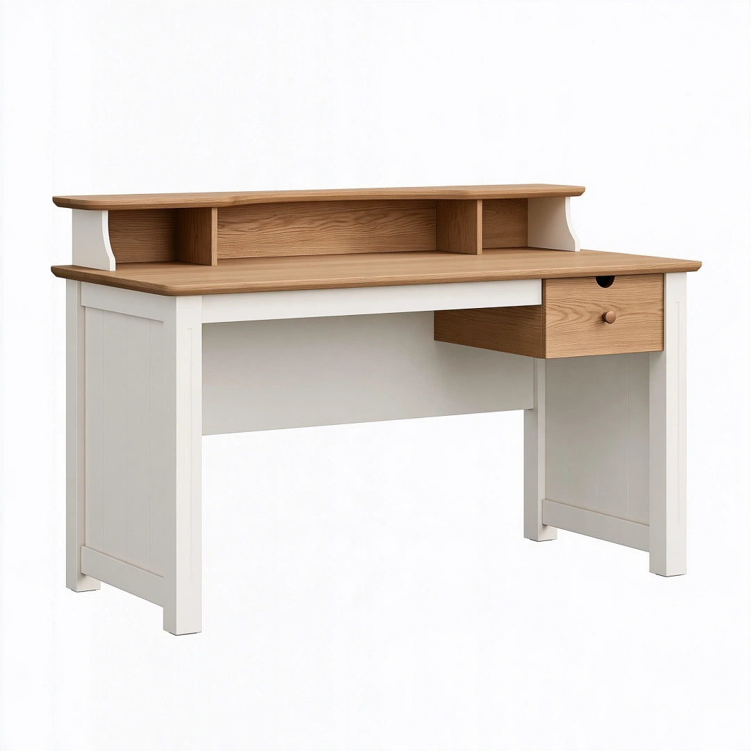 Schreibtisch 140 x 60 x 100 cm in Weiß/Naturholz mit Holzwerkstoff und Aufsatz im Landhausstil