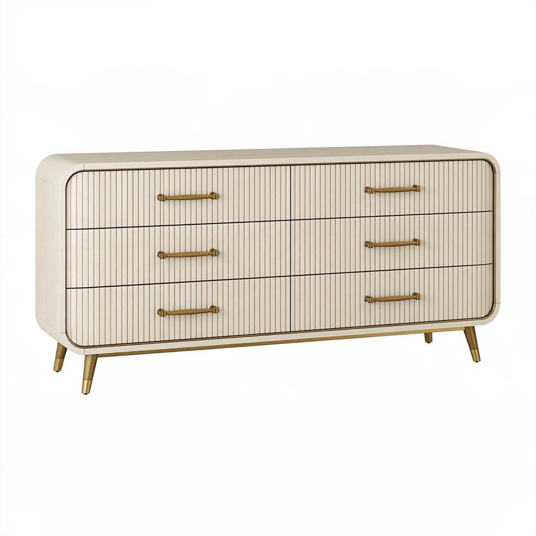 Kommode 160 x 45 x 80 cm aus Holzwerkstoff in Cremeweiß mit 6 Schubladen im Retro-Stil