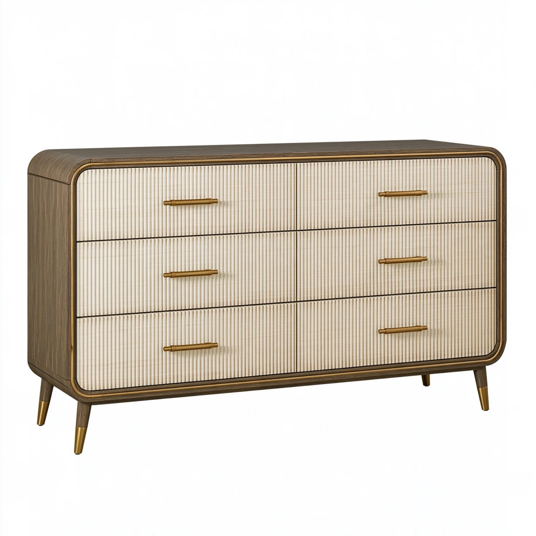 Kommode 140 x 45 x 85 cm Braun/Creme - Holzwerkstoff mit 6 Schubladen im Retro-Stil