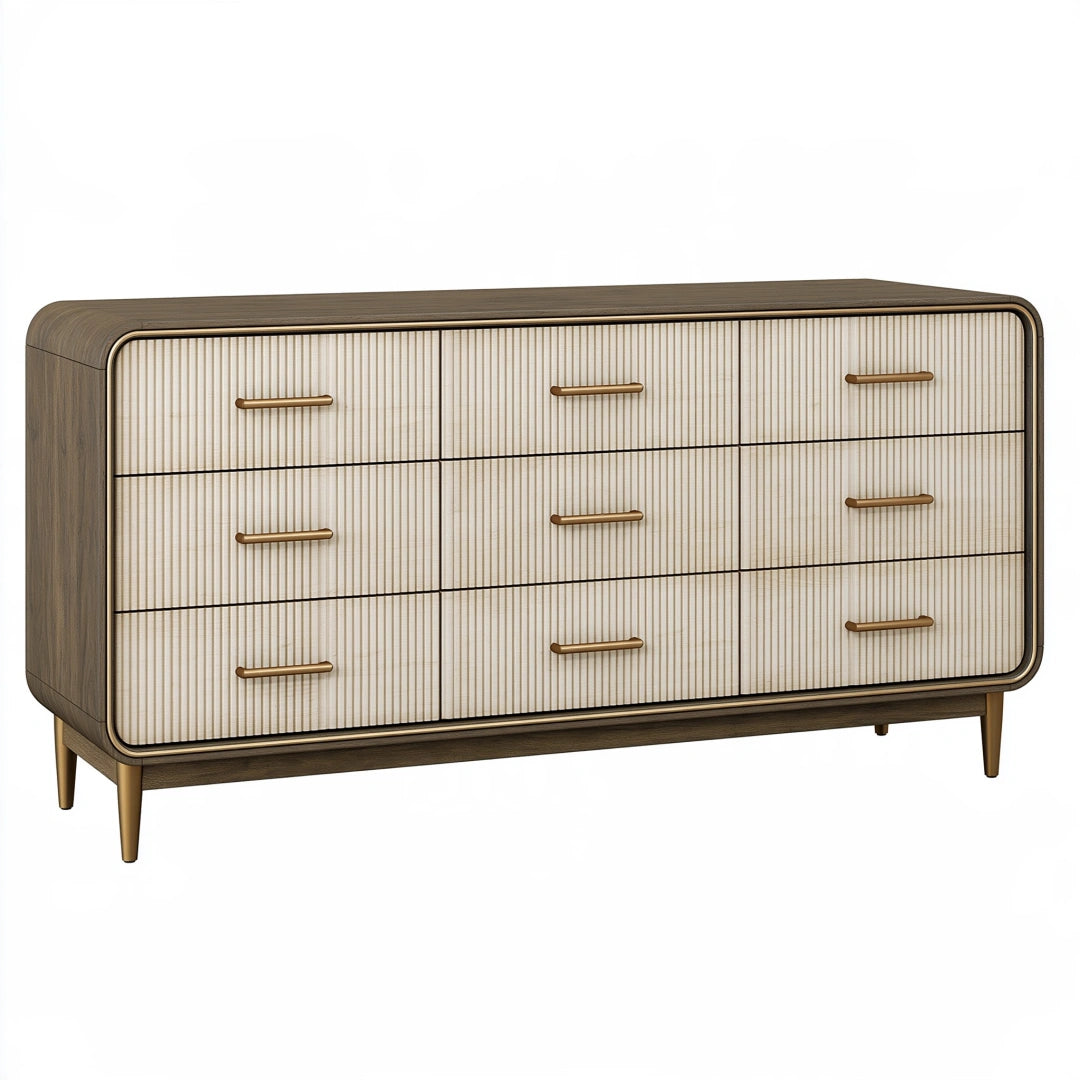 Kommode 150 x 45 x 80 cm Holzwerkstoff Braun Beige mit 9 Schubladen im Retro-Stil