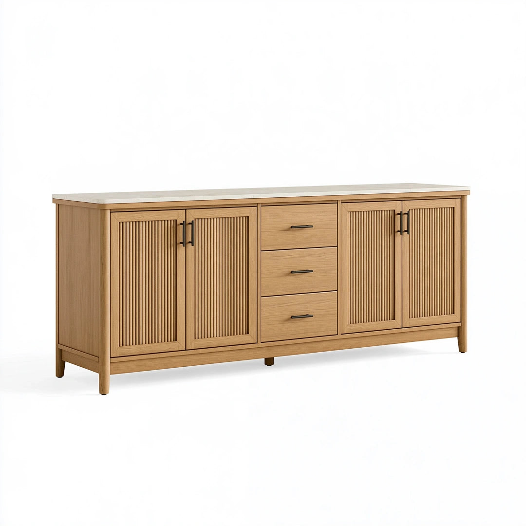 Sideboard 180 x 45 x 85 cm in Eicheoptik mit Steinoptik Ablagefläche geriffeltem Design und Stauraum