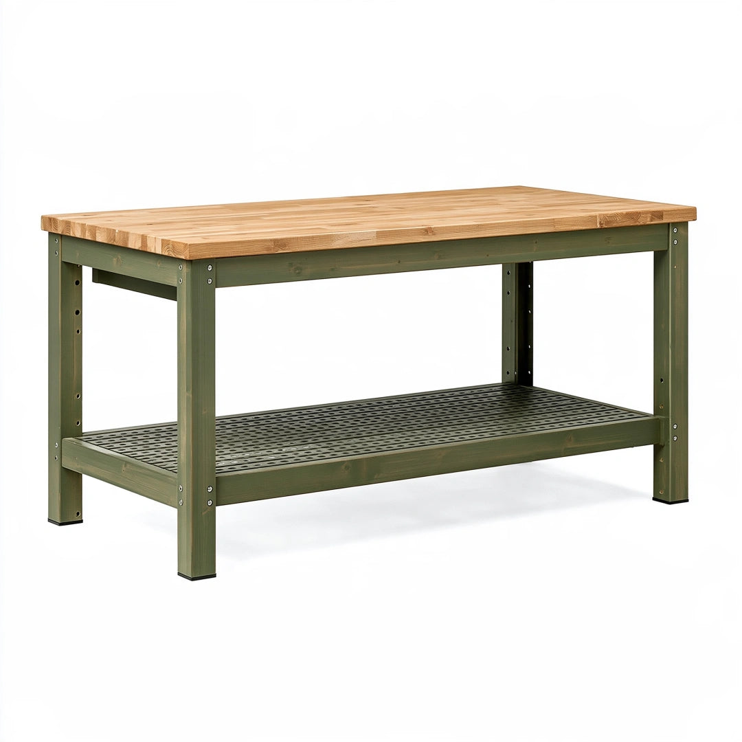 Werkbank 120 x 60 x 90 cm aus Holz Naturgrün mit gelochtem Ablageboden