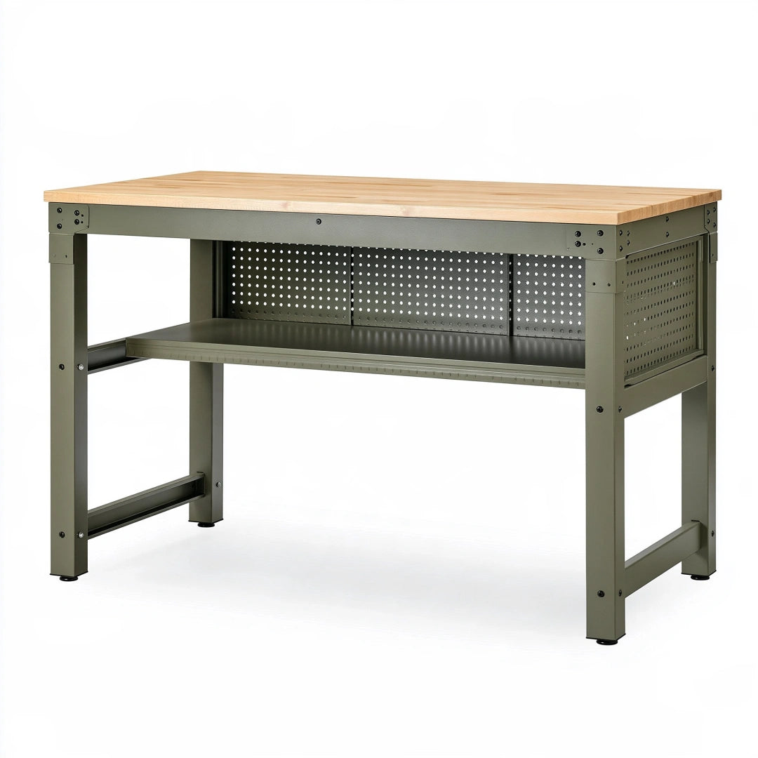 Werkbank 120 x 60 x 90 cm aus Holz und Metall in Naturgrün mit Ablage