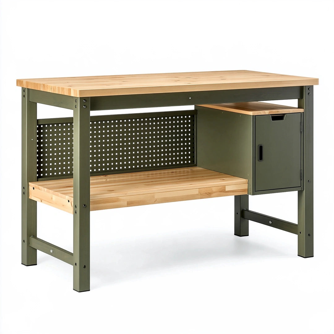Werkbank 120 x 60 x 90 cm aus Holz und Stahl in Olivgrün mit Stauraum