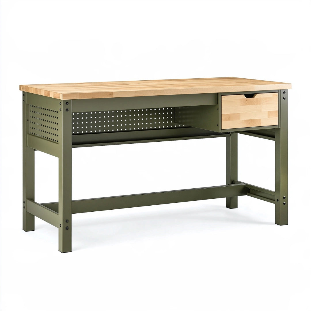 Werkbank 120 x 60 x 86 cm aus Holz und Stahl olivgrün mit Schublade im Industriestil