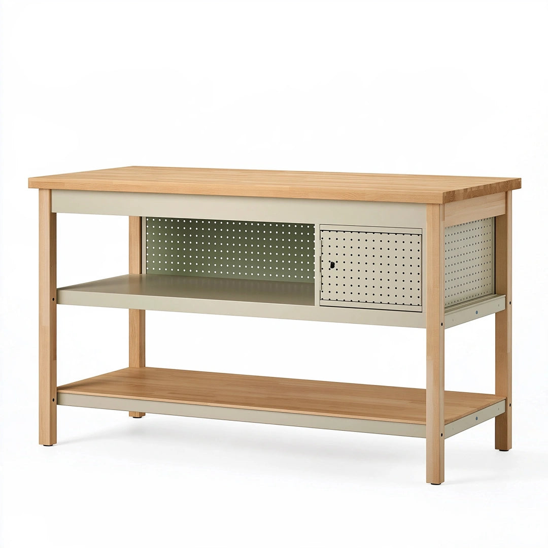Werkbank 120 x 60 x 90 cm aus Holz und Metall in Naturgrau mit Lochwand und Ablagen