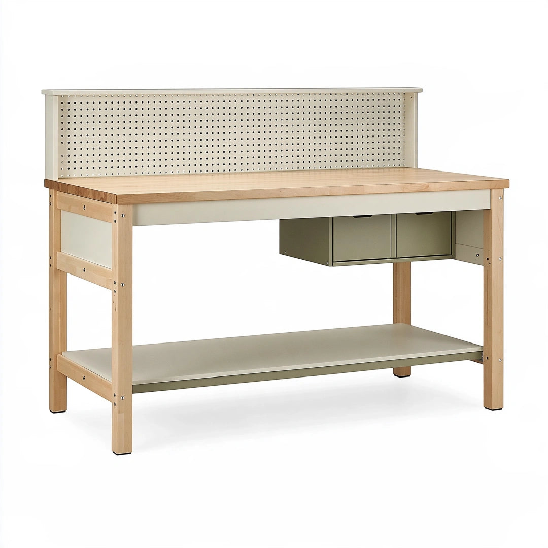 Werkbank 120 x 60 x 100 cm aus Holz und Metall in Naturbeige mit Lochwand und Schubladen
