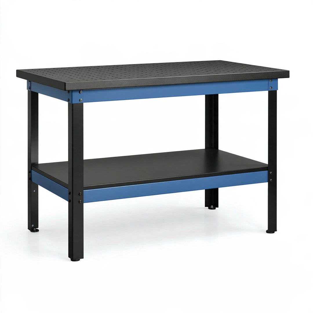 Werkbank 120 x 60 x 85 cm aus Metall Schwarz Blau mit Lochplatte und Ablage