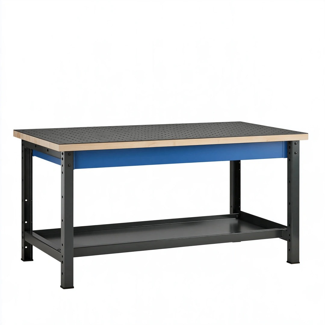 Werkbank 120 x 60 x 85 cm mit Stahlgestell Holzarbeitsplatte Schwarz Blau