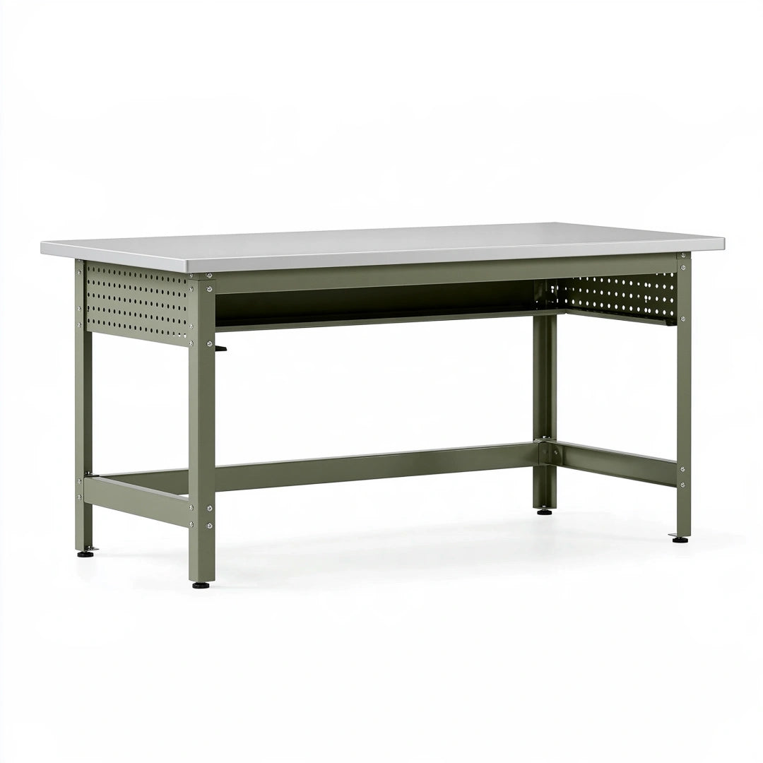 Werkbank 120 x 60 x 85 cm aus Stahl in Grau Grün mit Lochblenden im Industrie-Stil